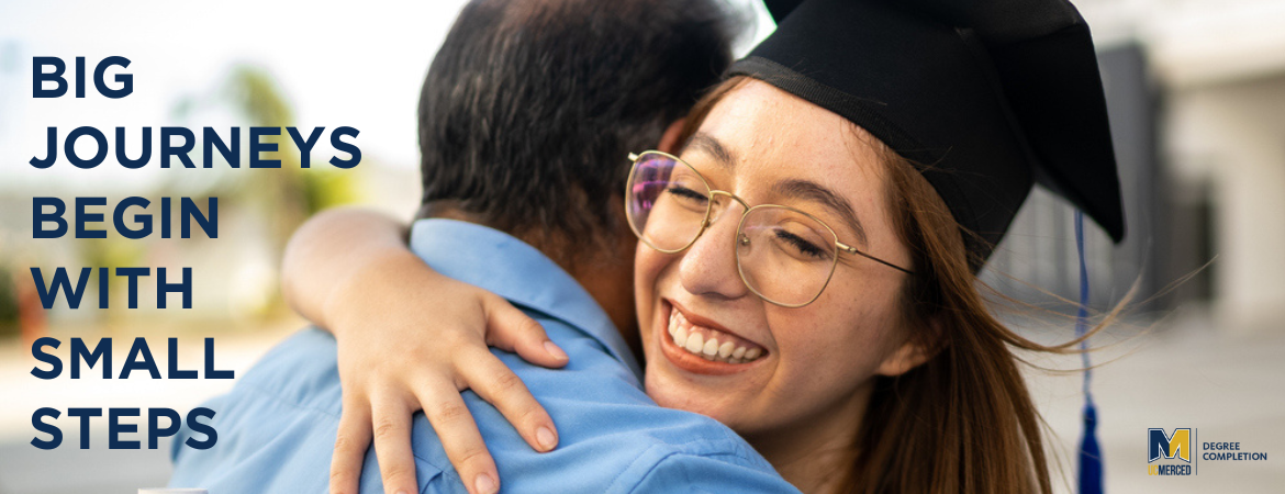 UC Merced student hugging family after graduation ceremony.