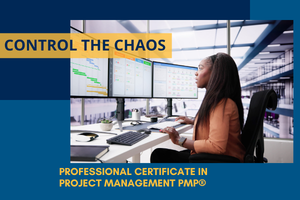 PMP Project Management Certificate with young woman at multiple computer screens updating project